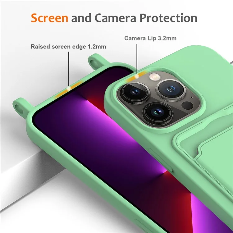 Funda para iPhone 14 Pro Case Liquid Silicone Slim Shockproof Phone Cover con Cuerda Ajustable - Verde