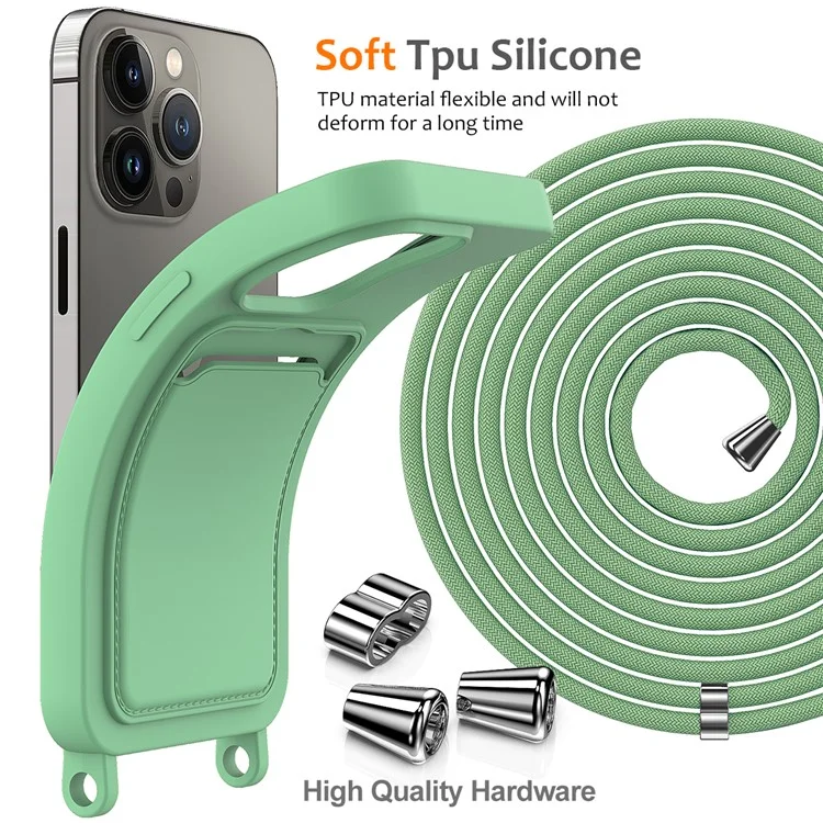 Funda para iPhone 14 Pro Case Liquid Silicone Slim Shockproof Phone Cover con Cuerda Ajustable - Verde