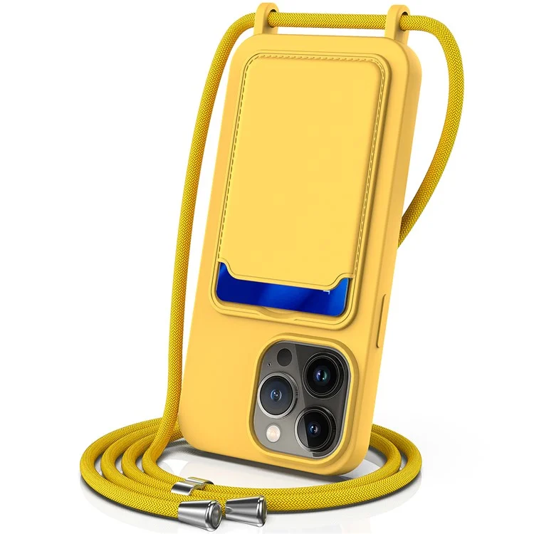 For iPhone 14 Pro Max Case Card Slot Liquid Silicone Phone Shell with Lanyard - Yellow