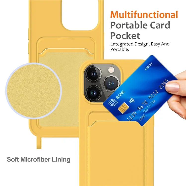 For iPhone 14 Pro Max Case Card Slot Liquid Silicone Phone Shell with Lanyard - Yellow