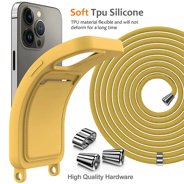 For iPhone 14 Pro Max Case Card Slot Liquid Silicone Phone Shell with Lanyard - Yellow