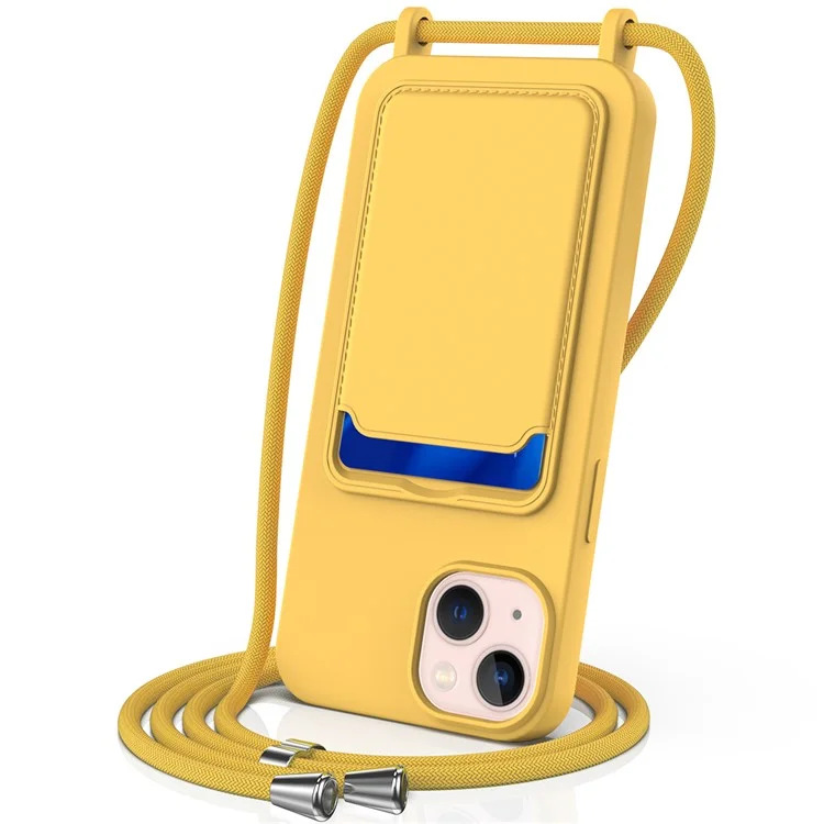 For iPhone 15 Case Card Slot Liquid Silicone Drop-resistant Phone Protector with Long Lanyard - Yellow