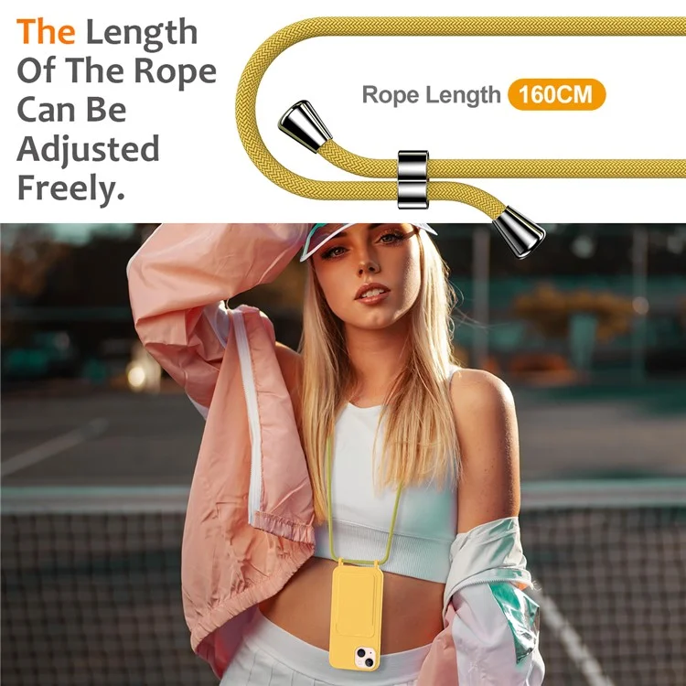 For iPhone 15 Case Card Slot Liquid Silicone Drop-resistant Phone Protector with Long Lanyard - Yellow