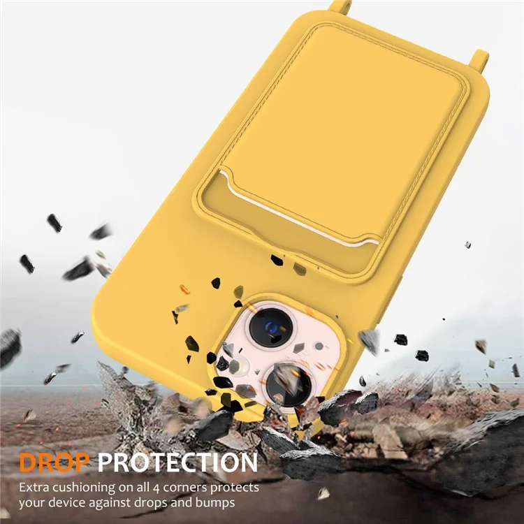For iPhone 15 Case Card Slot Liquid Silicone Drop-resistant Phone Protector with Long Lanyard - Yellow
