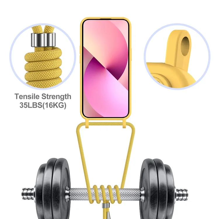 For iPhone 15 Case Card Slot Liquid Silicone Drop-resistant Phone Protector with Long Lanyard - Yellow