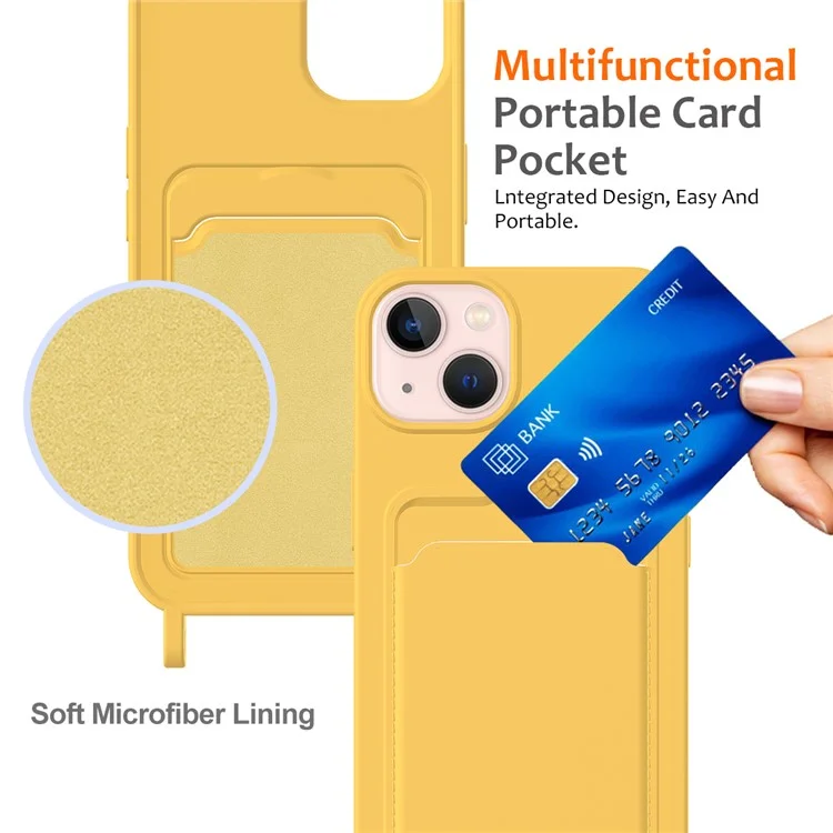For iPhone 15 Case Card Slot Liquid Silicone Drop-resistant Phone Protector with Long Lanyard - Yellow