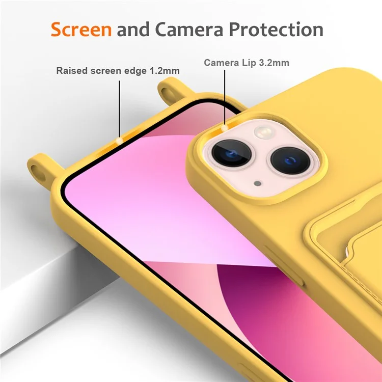 For iPhone 15 Case Card Slot Liquid Silicone Drop-resistant Phone Protector with Long Lanyard - Yellow