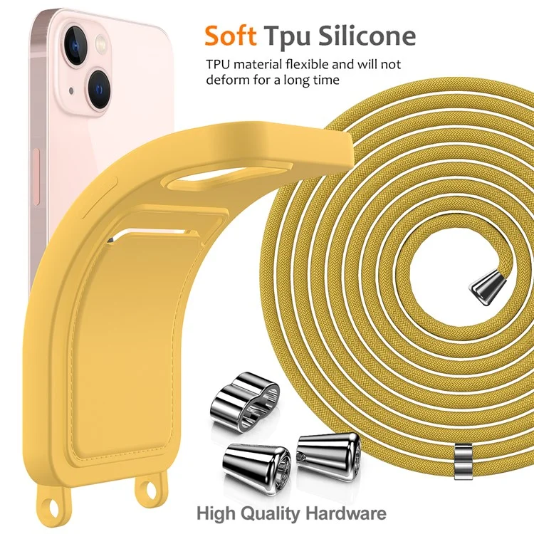 For iPhone 15 Case Card Slot Liquid Silicone Drop-resistant Phone Protector with Long Lanyard - Yellow