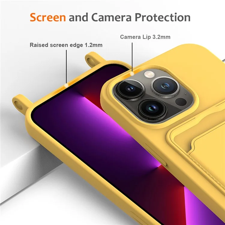 Für iPhone 13 Pro Card Slot Case Liquid Silicone Phone Protector mit Schlüsselband - Gelb