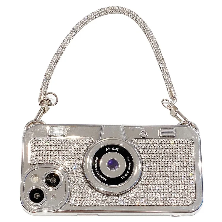 Wholesale Phone Cases for iPhone 13 Rhinestone Decor Camera Shaped TPU Cover with Carrying Chain