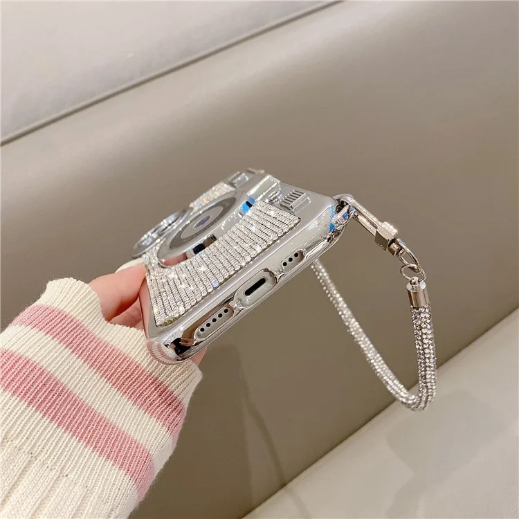 Wholesale Phone Cases for iPhone 13 Rhinestone Decor Camera Shaped TPU Cover with Carrying Chain