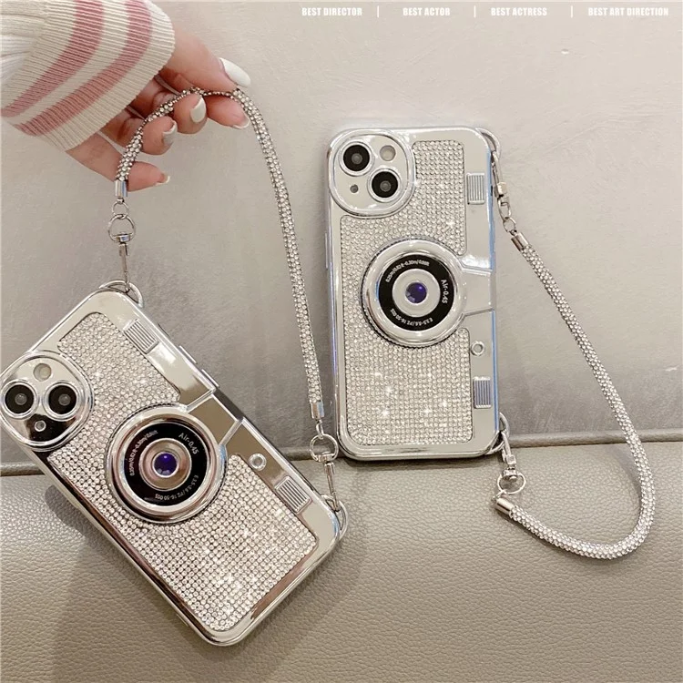 Wholesale Phone Cases for iPhone 13 Rhinestone Decor Camera Shaped TPU Cover with Carrying Chain