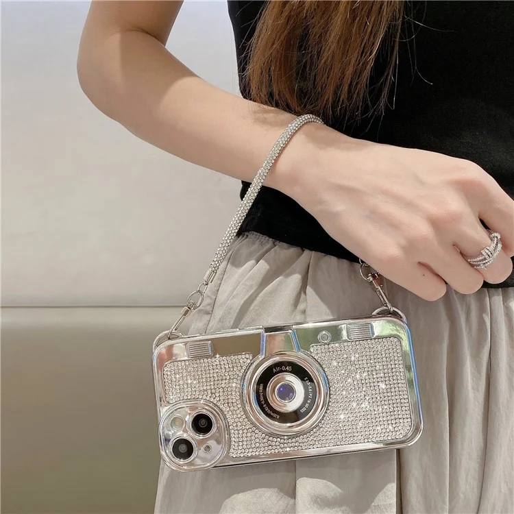 Wholesale Phone Cases for iPhone 13 Rhinestone Decor Camera Shaped TPU Cover with Carrying Chain