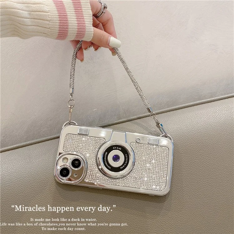 Wholesale Phone Cases for iPhone 13 Rhinestone Decor Camera Shaped TPU Cover with Carrying Chain