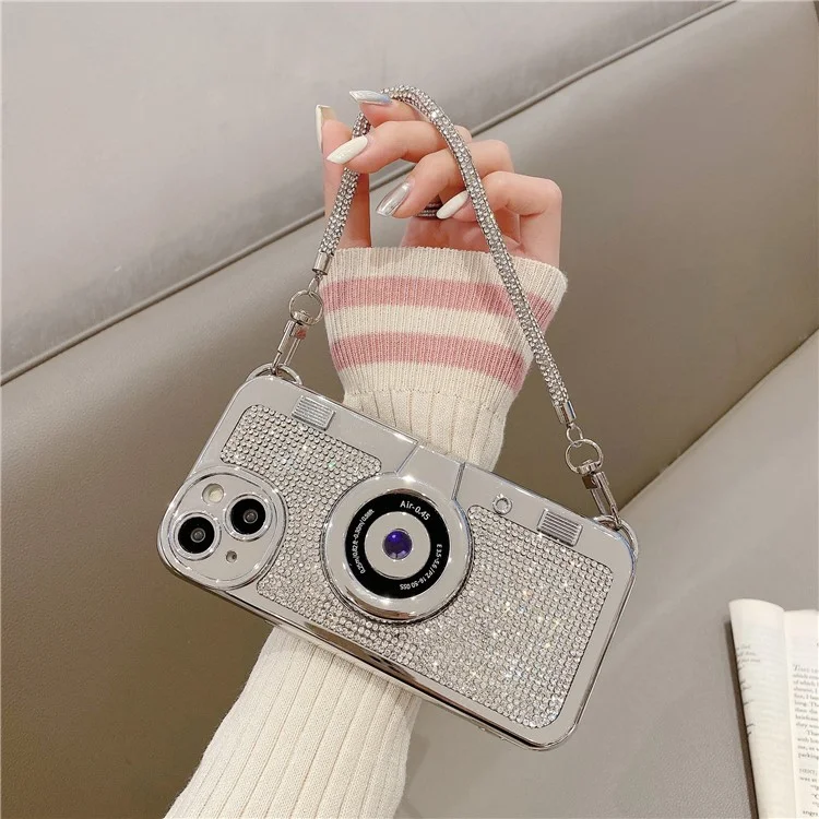Wholesale Phone Cases for iPhone 13 Rhinestone Decor Camera Shaped TPU Cover with Carrying Chain