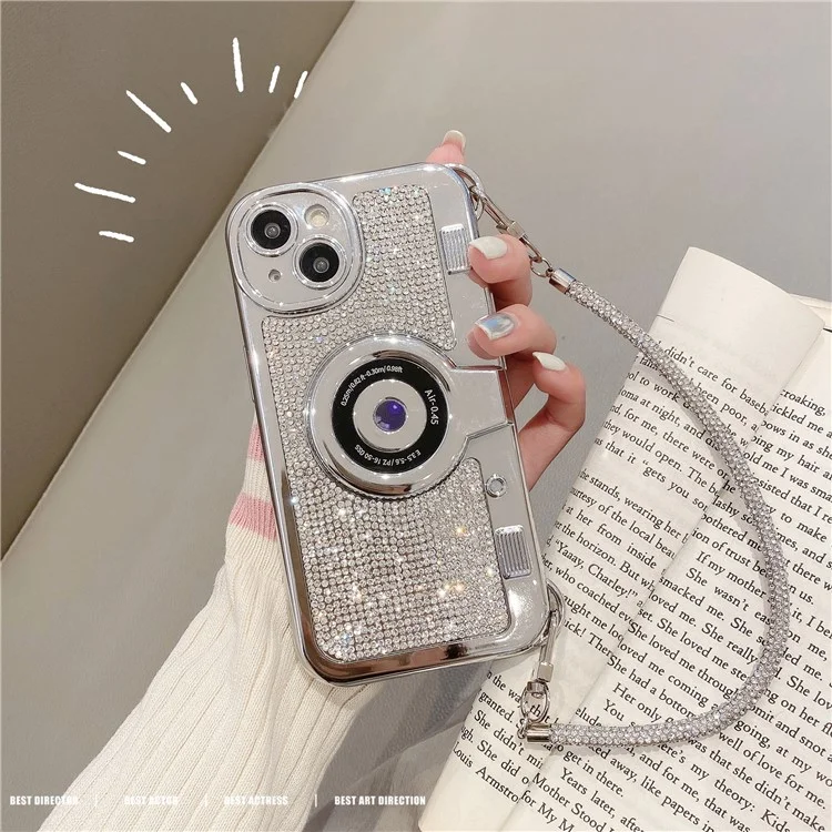 Wholesale Phone Cases for iPhone 13 Rhinestone Decor Camera Shaped TPU Cover with Carrying Chain