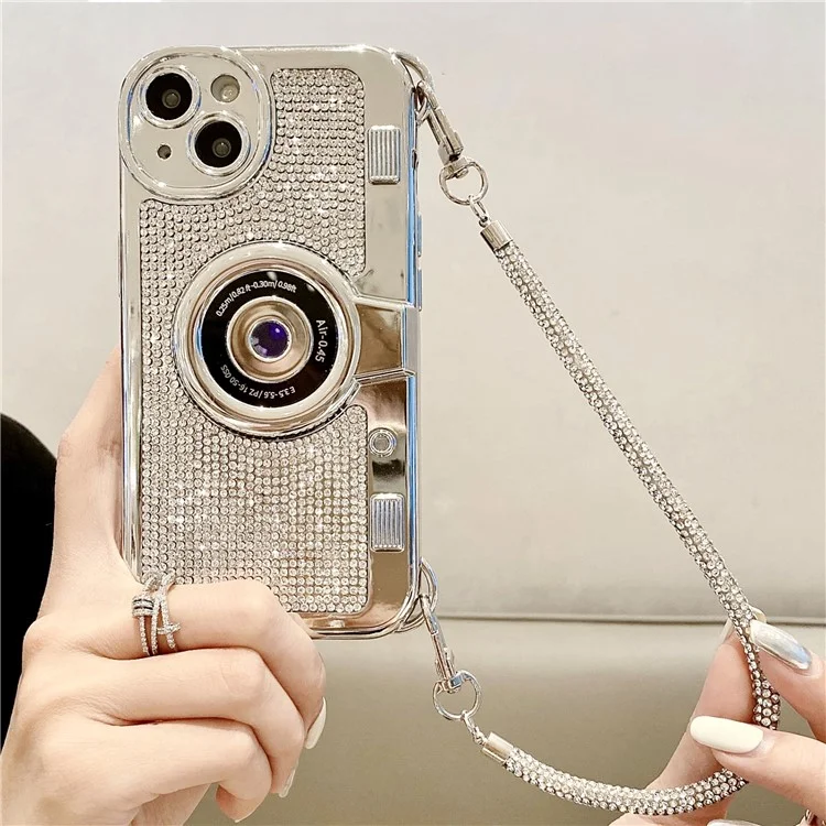 Wholesale Phone Cases for iPhone 13 Rhinestone Decor Camera Shaped TPU Cover with Carrying Chain