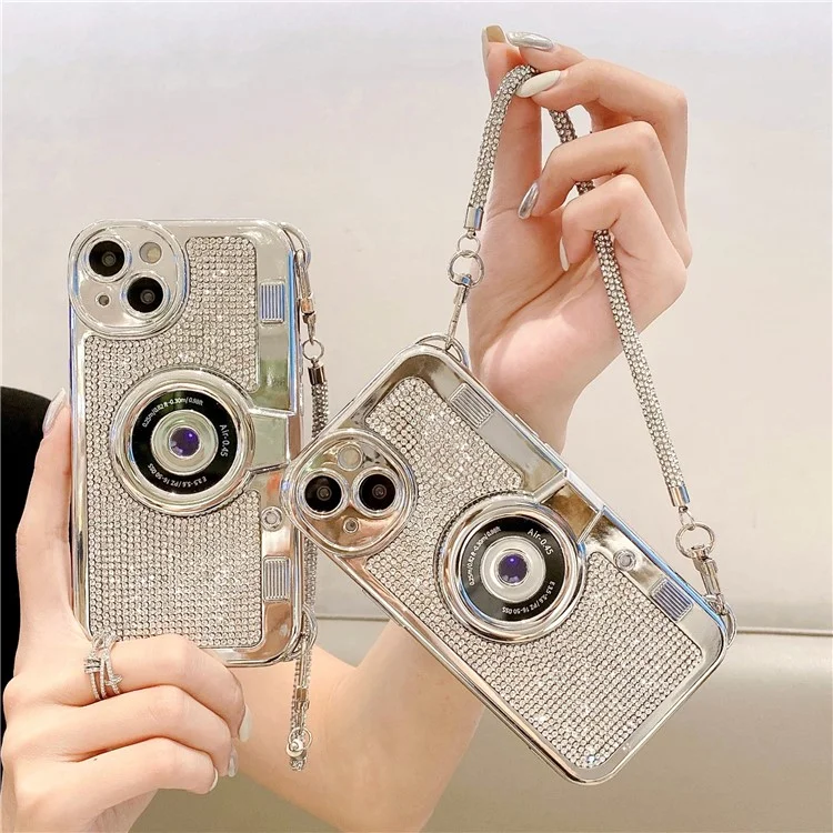 Wholesale Phone Cases for iPhone 13 Rhinestone Decor Camera Shaped TPU Cover with Carrying Chain