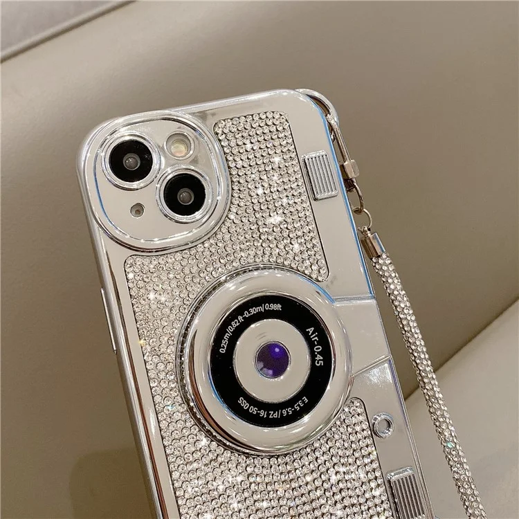 Wholesale Phone Cases for iPhone 13 Rhinestone Decor Camera Shaped TPU Cover with Carrying Chain