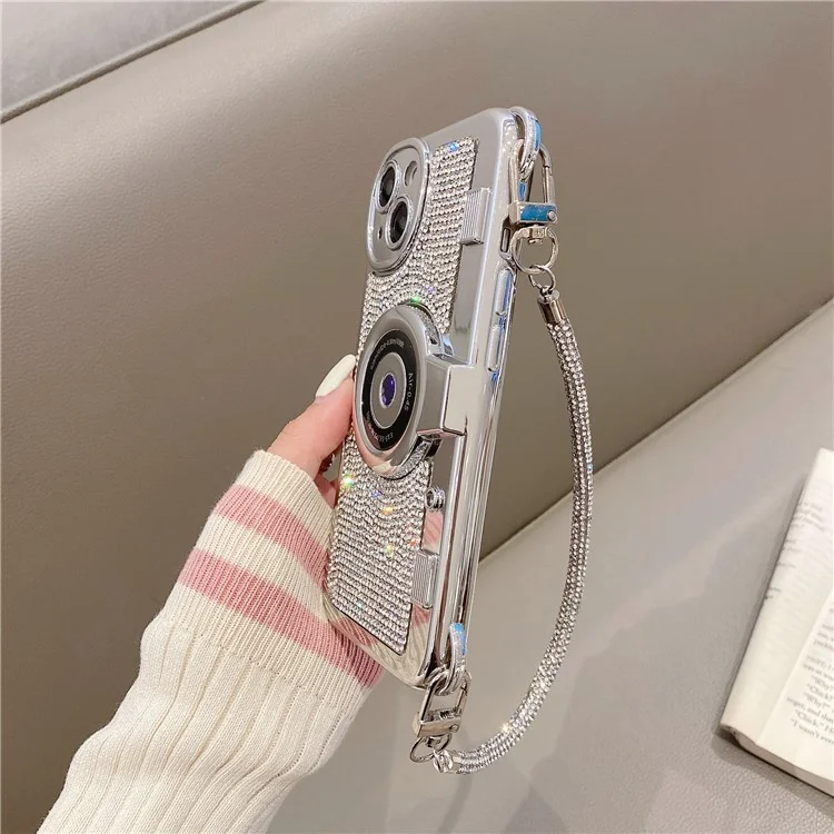 Wholesale Phone Cases for iPhone 13 Rhinestone Decor Camera Shaped TPU Cover with Carrying Chain