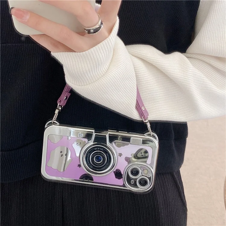 For iPhone 14 Cover Camera Design Mirror Effect Cute Ghost TPU Phone Case with Strap