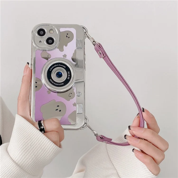 For iPhone 14 Cover Camera Design Mirror Effect Cute Ghost TPU Phone Case with Strap
