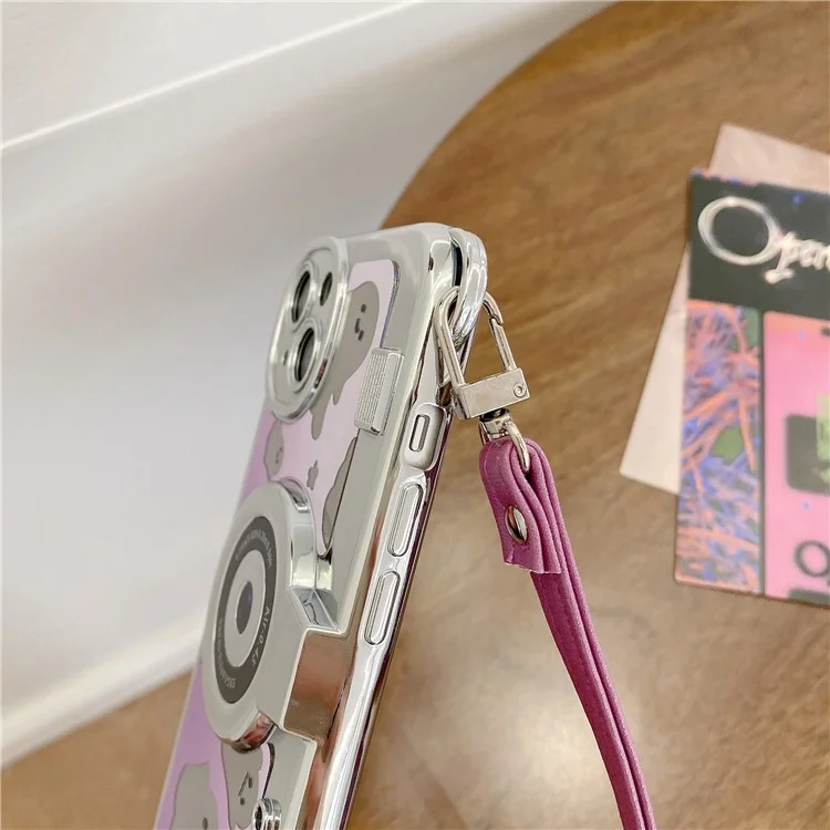For iPhone 14 Cover Camera Design Mirror Effect Cute Ghost TPU Phone Case with Strap