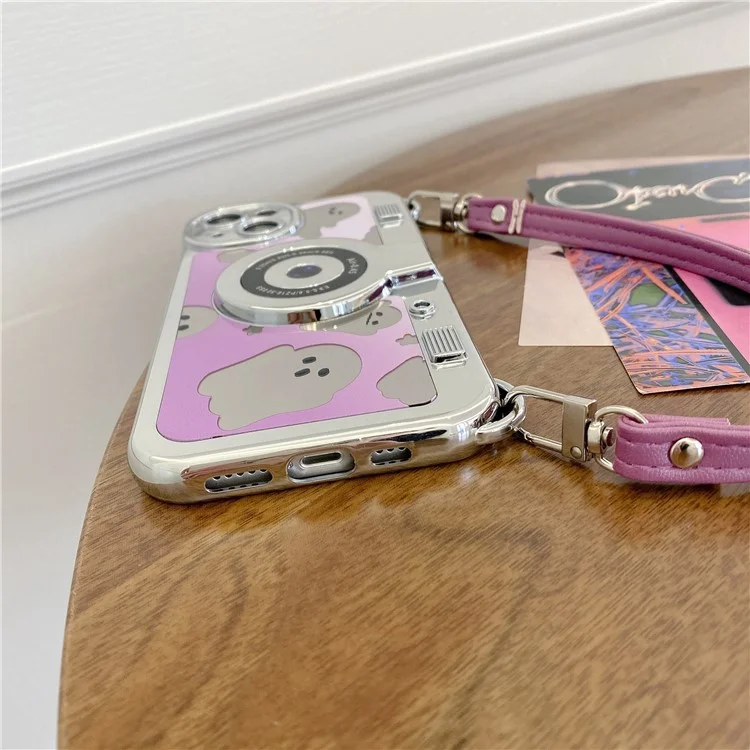 For iPhone 14 Cover Camera Design Mirror Effect Cute Ghost TPU Phone Case with Strap