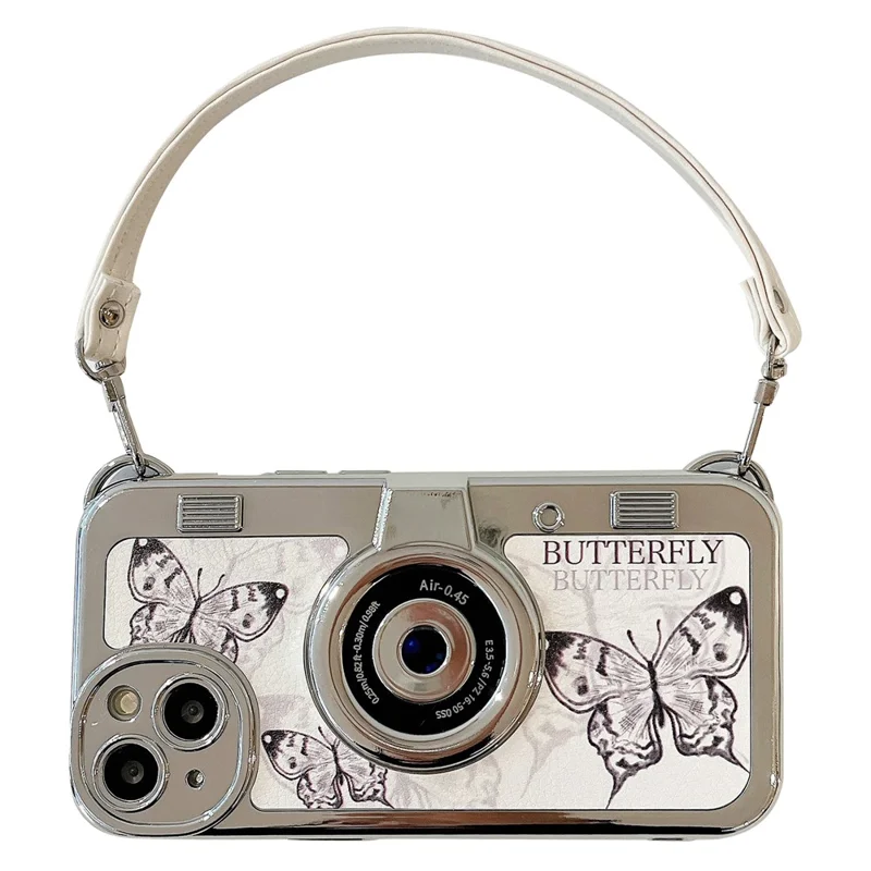 For iPhone 14 TPU Cover Electroplating Camera Design Butterfly Pattern Phone Case with Leather Strap