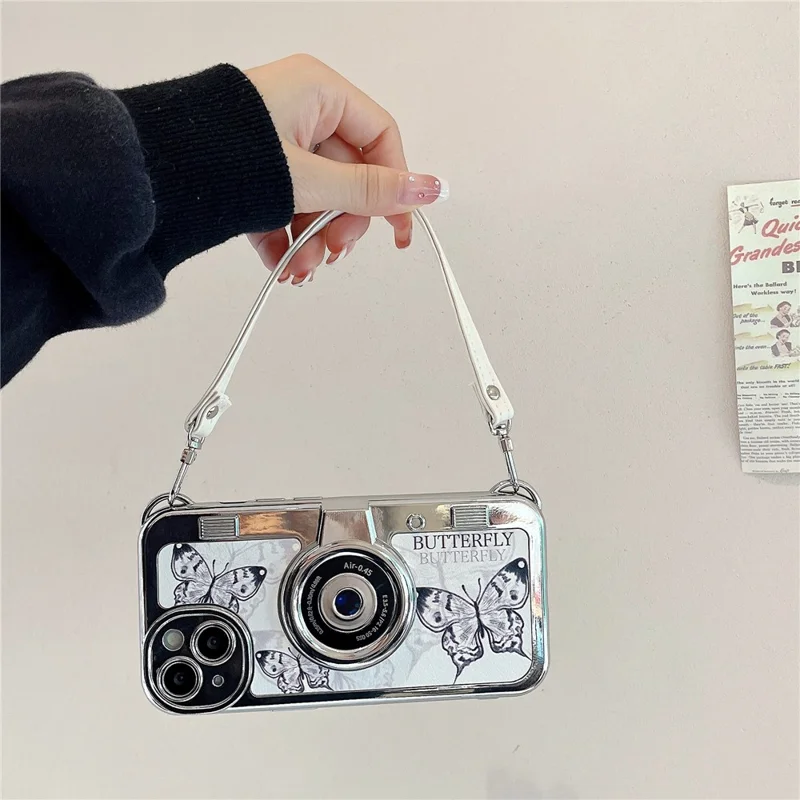 For iPhone 14 TPU Cover Electroplating Camera Design Butterfly Pattern Phone Case with Leather Strap
