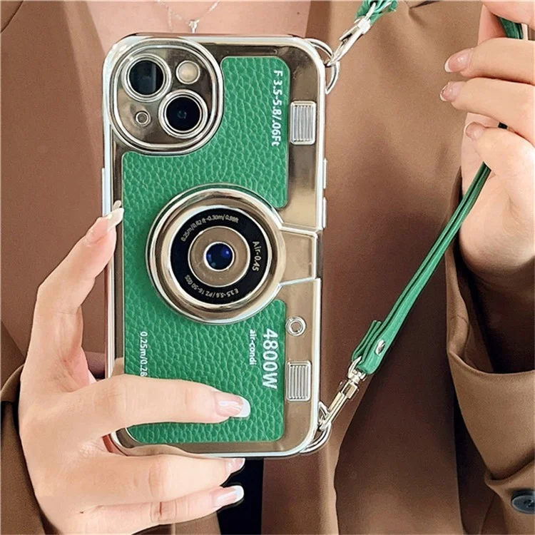 For iPhone 15 Cell Phone Case Camera Design Litchi Texture Leather+TPU Cover with Tote Strap - Green