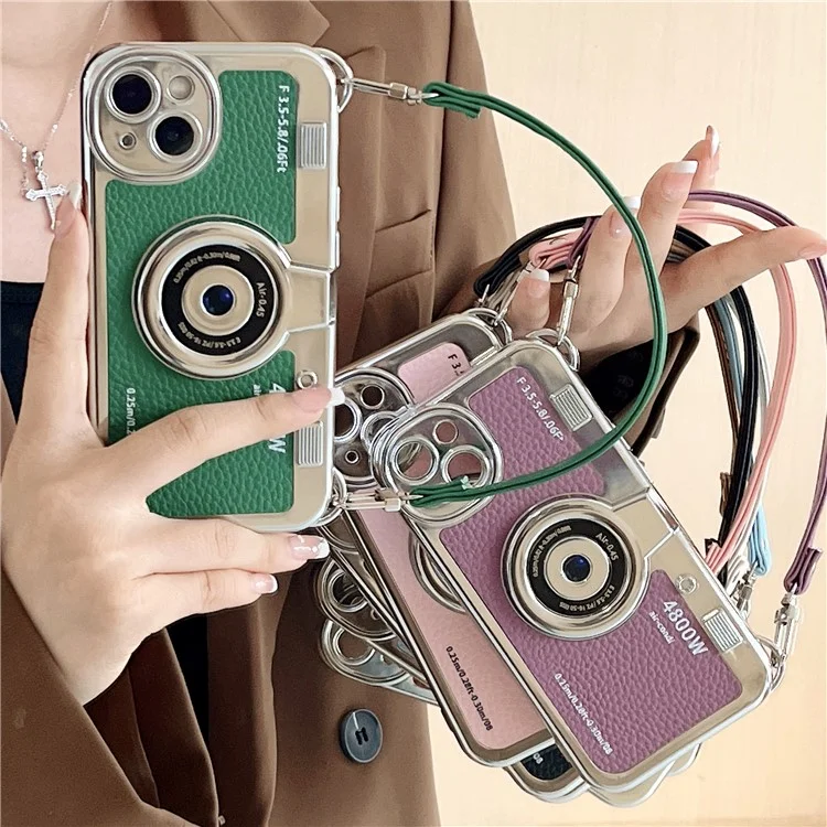 For iPhone 15 Cell Phone Case Camera Design Litchi Texture Leather+TPU Cover with Tote Strap - Green