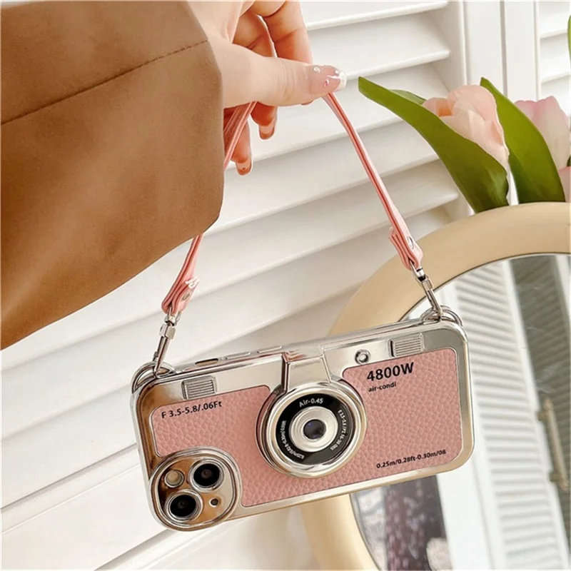 For iPhone 15 Cell Phone Case Camera Design Litchi Texture Leather+TPU Cover with Tote Strap - Pink