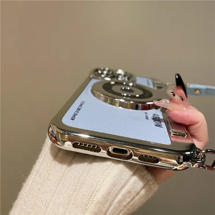 Pour iPhone 13 Pro Max 6,7 pouces Etui Conception Caméra Electroplaqué Cuir+TPU Couverture avec Sangle - Bleu
