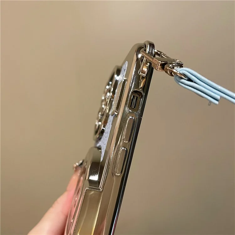 Pour iPhone 13 Pro Max 6,7 pouces Etui Conception Caméra Electroplaqué Cuir+TPU Couverture avec Sangle - Bleu