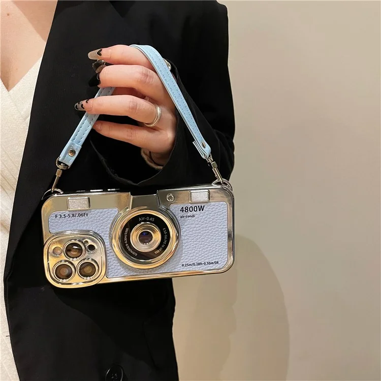 Pour iPhone 13 Pro Max 6,7 pouces Etui Conception Caméra Electroplaqué Cuir+TPU Couverture avec Sangle - Bleu