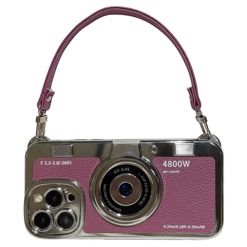 For iPhone 13 Pro Max 6.7 inch Case Camera Design Electroplated Leather+TPU Cover with Strap - Purple