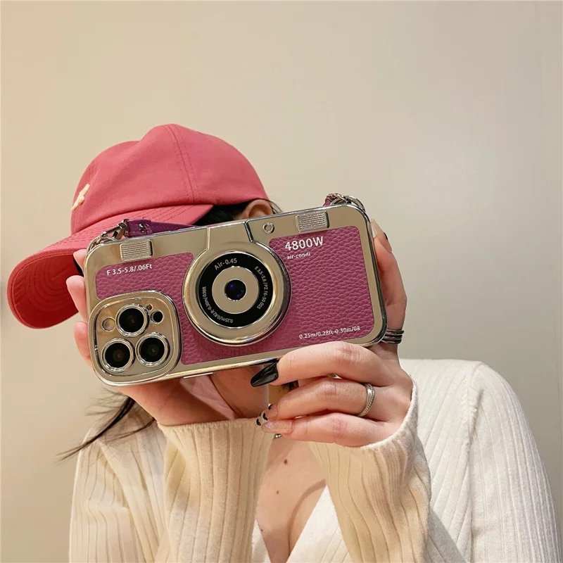 For iPhone 13 Pro Max 6.7 inch Case Camera Design Electroplated Leather+TPU Cover with Strap - Purple