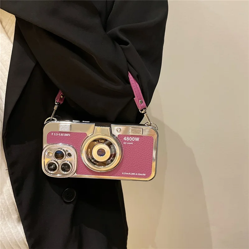 For iPhone 13 Pro Max 6.7 inch Case Camera Design Electroplated Leather+TPU Cover with Strap - Purple