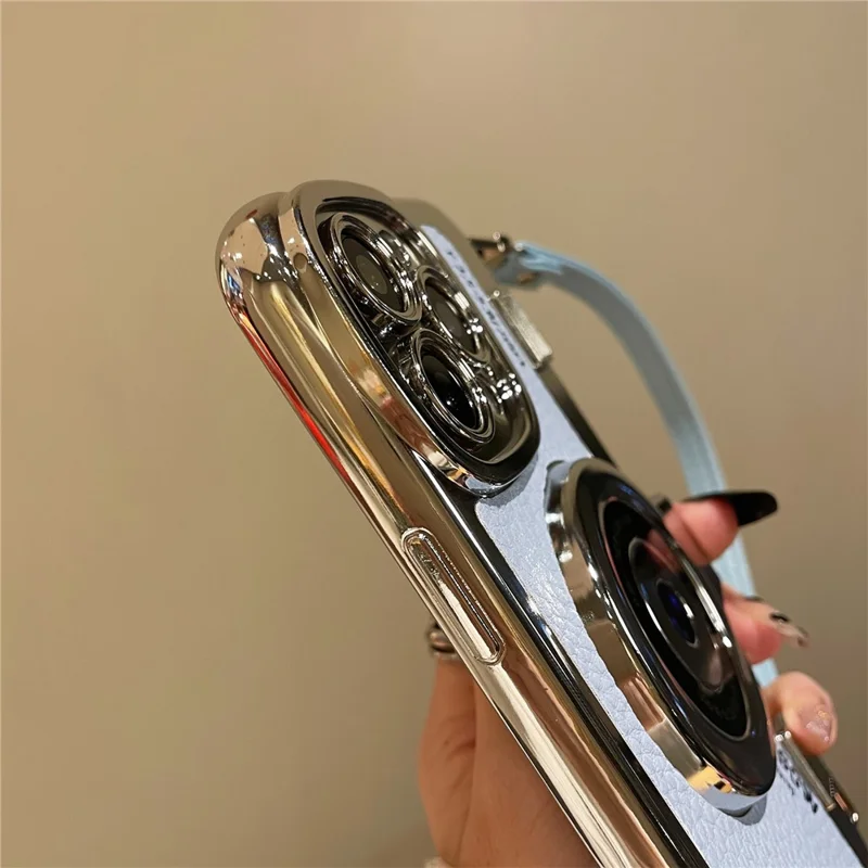 For iPhone 13 Pro Max 6.7 inch Case Camera Design Electroplated Leather+TPU Cover with Strap - Purple