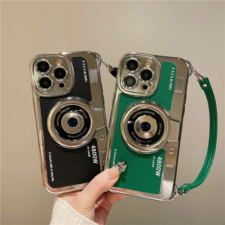 Para iPhone 13 Pro Carcasas Forma de Cámara Chapado Electrolítico TPU Cubierta de Teléfono al por Mayor con Correa para la Muñeca - Verde