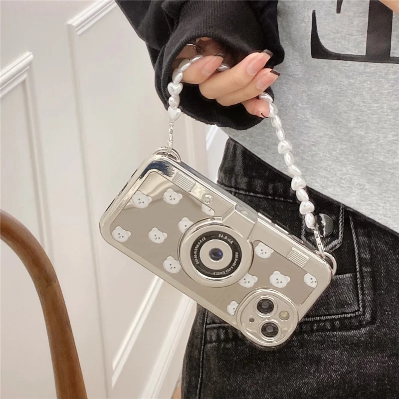 Camera Shaped TPU Cover for iPhone 14 Plus Mirror Surface Electroplating Phone Cases with Bead Strap - Bear