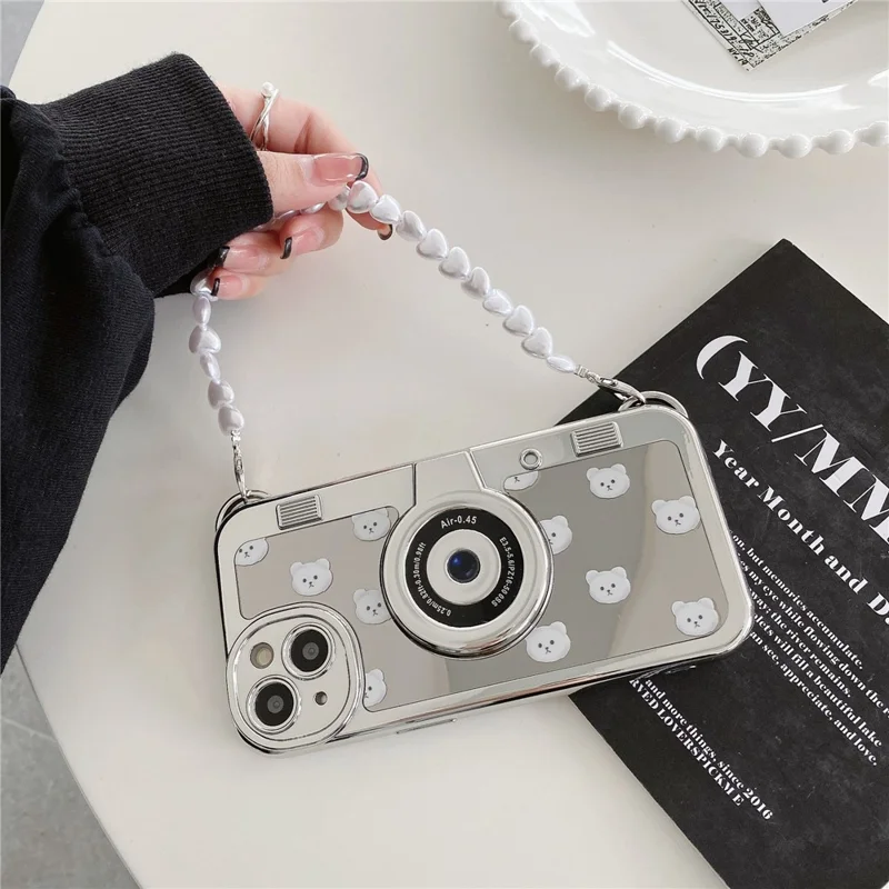 Camera Shaped TPU Cover for iPhone 14 Plus Mirror Surface Electroplating Phone Cases with Bead Strap - Bear