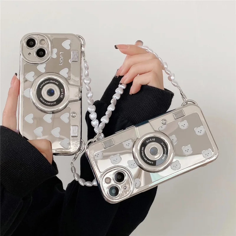 Camera Shaped TPU Cover for iPhone 14 Plus Mirror Surface Electroplating Phone Cases with Bead Strap - Bear
