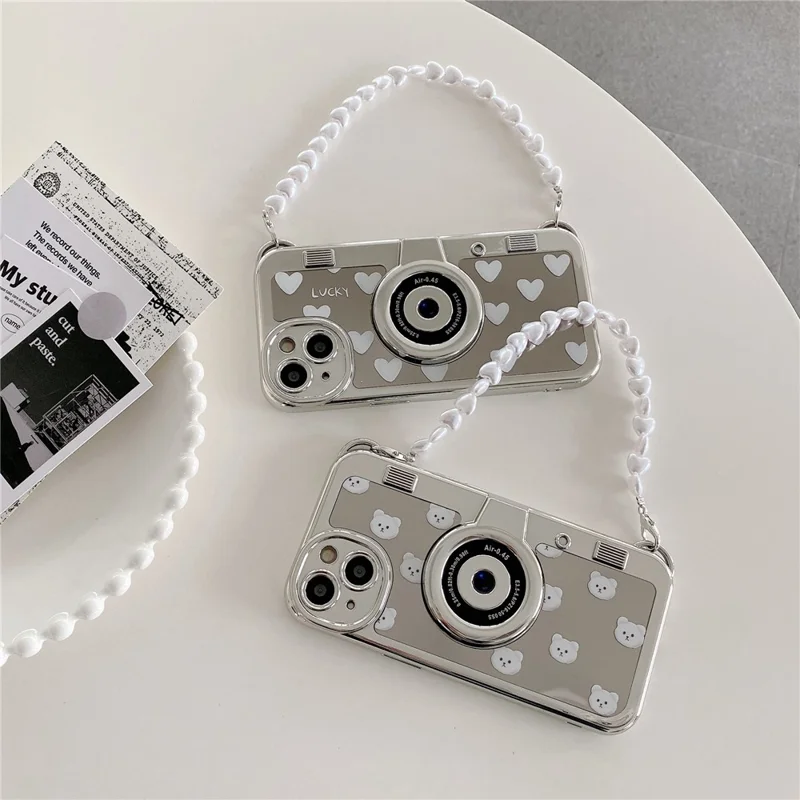 Camera Shaped TPU Cover for iPhone 14 Plus Mirror Surface Electroplating Phone Cases with Bead Strap - Bear