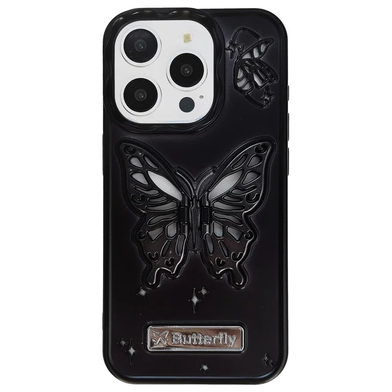 For iPhone 15 Pro Cover Butterfly Shaped Kickstand Matte TPU Anti-drop Cell Phone Case - Black