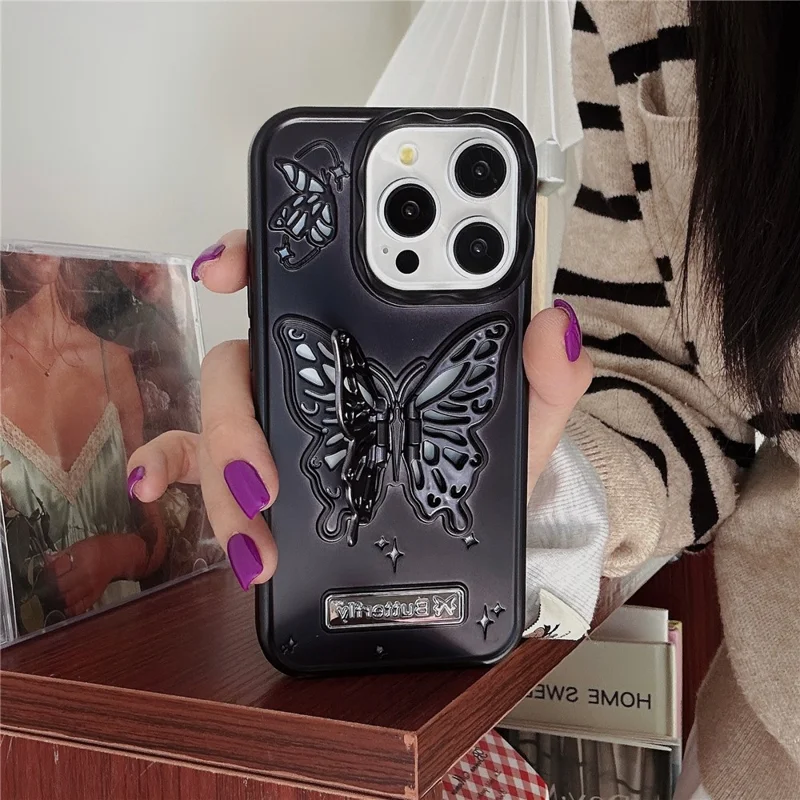 For iPhone 15 Pro Cover Butterfly Shaped Kickstand Matte TPU Anti-drop Cell Phone Case - Black