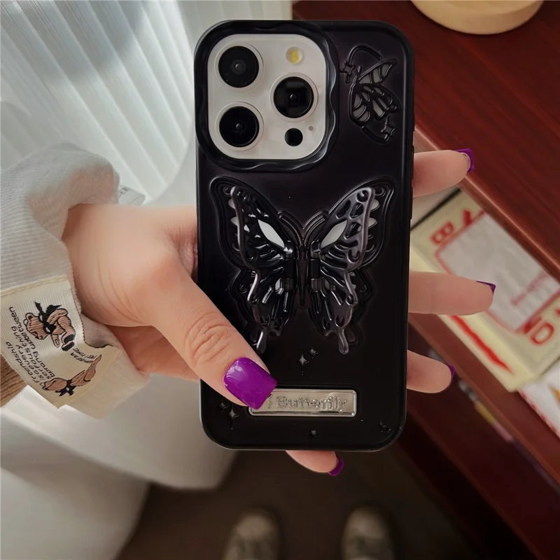 For iPhone 15 Pro Cover Butterfly Shaped Kickstand Matte TPU Anti-drop Cell Phone Case - Black
