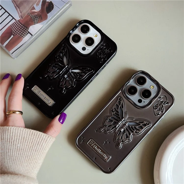 For iPhone 13 Pro Max Case Matte TPU Phone Shell PC Kickstand Cell Phone Cover Butterfly Shaped  Design - Black