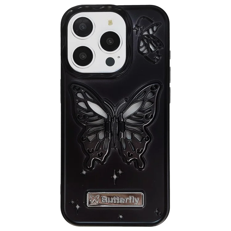 For iPhone 14 Pro Max Cases Butterfly Shaped PC Kickstand Cell Phone Shell Matte TPU Cover - Black